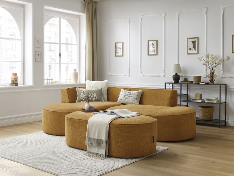 Bobochic canapé d'angle fixe rousseau tissu texturé avec pouf jaune angle gauche ROUSSEAU - Conforama B