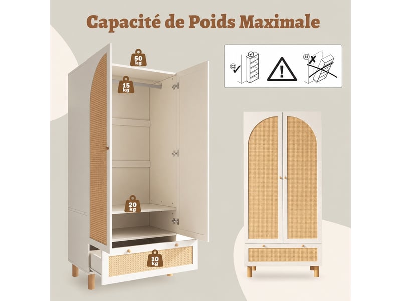  Armoire-penderie blanche à deux portes, rotin et tiroir, 85,5 x 52 x 180,5 cm  - Conforama D