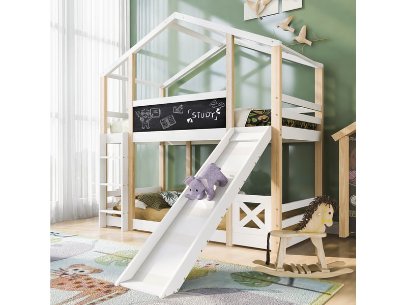  Modenvie lit mezzanine cabane enfant 90x200 cm - avec toboggan amovible et tableau, sans matelas - blanc  - Conforama B