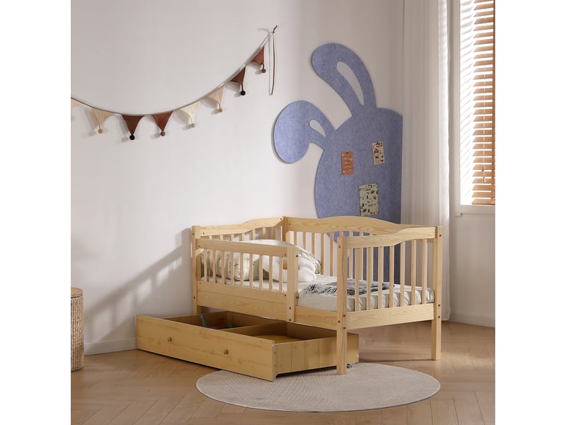  Lit enfant 70x140 cmavec tiroir et barrière de sécurité - sommier à lattes inclus,  naturel  - Conforama C