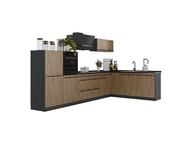 Vicco cuisine en angle, chêne artisananthracite, 347 x cm plan de travail chêne doré  - Conforama E