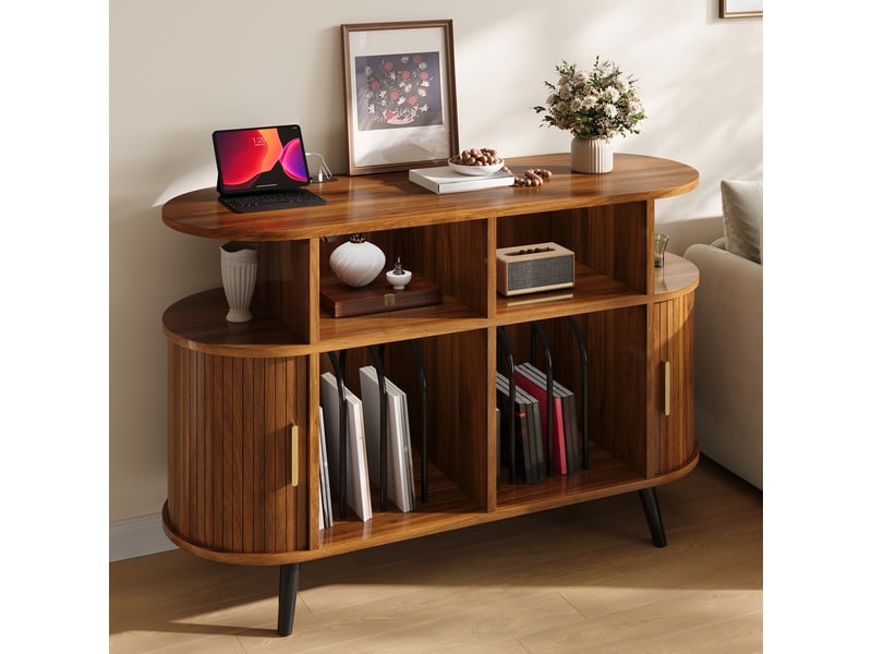 Buffet et enfilade hi-fi avec 2 portes coulissantes, niches et range-disques, station de charge, en mdf noyer - Conforama C