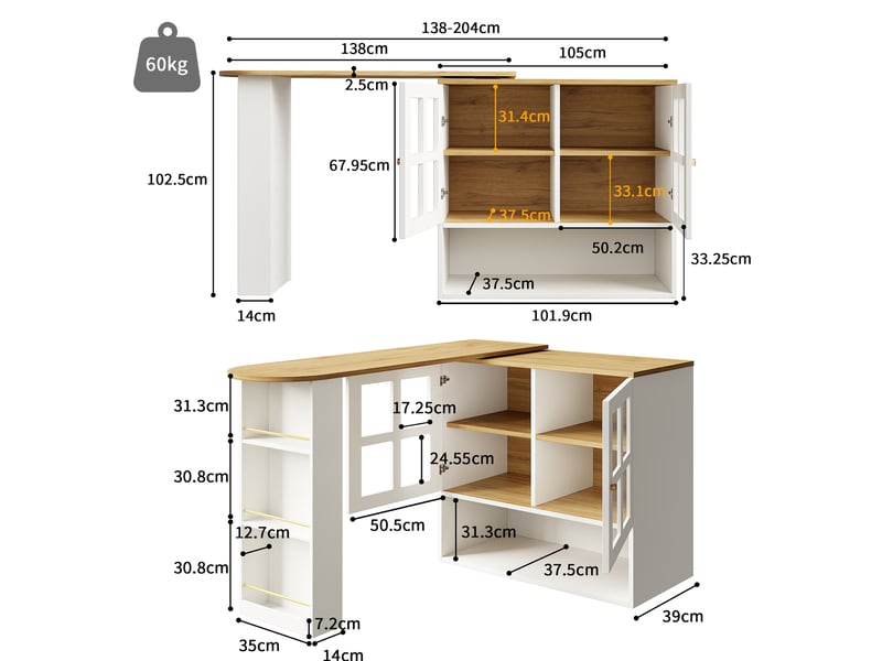  Îlot de cuisine extensible 138x39x102,5 cm, pivotant à 360°, mdf blanc  - Conforama C
