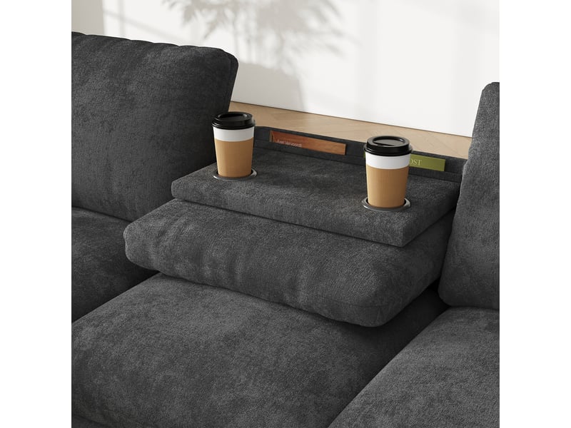  Canapé d'angle modulaire,3 places, accoudoirs avec rangements,en tissu chenille,280x137x84 cm,gris  - Conforama E
