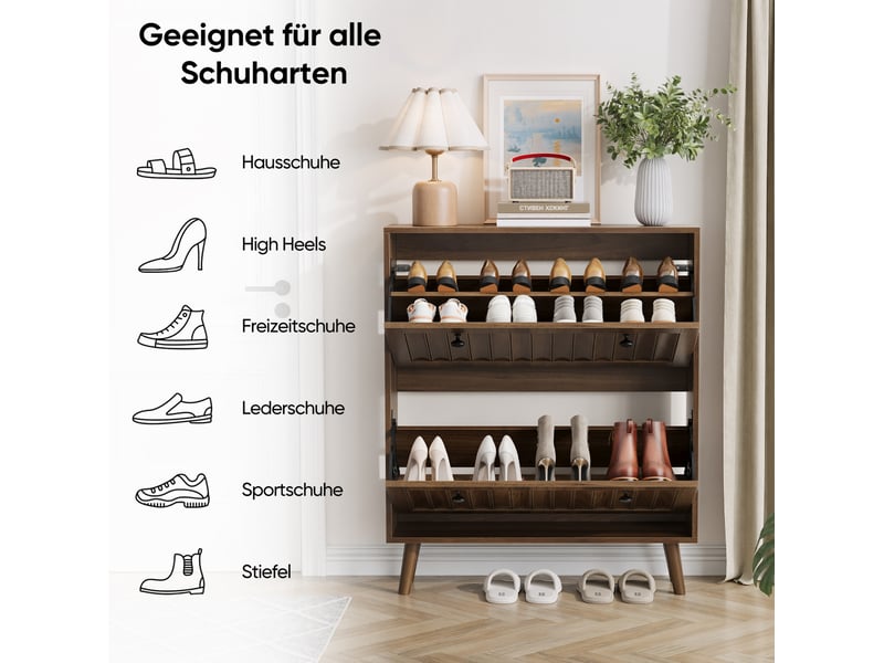  Meuble à chaussures 80 x 24 x 95 cm – noyer – 2 compartiments basculants à étagères réglables  - Conforama E