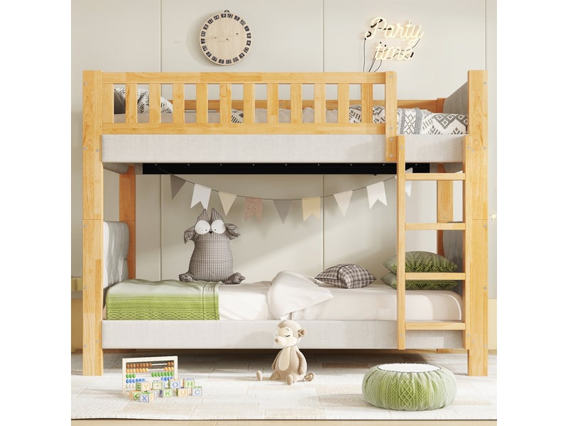  Lit superposé enfant 90×200 cm avec barrière, escalier 4 marches et bords antichoc  - sans matelas, bois gris  - Conforama C