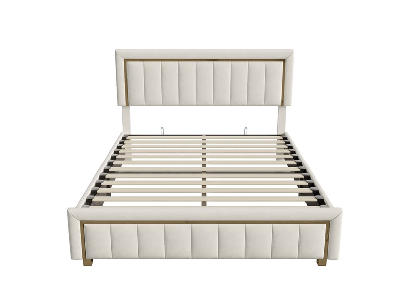  Dreammespace lit coffre 140x200 cm - lit double 2 places avec rangement hydraulique et sommier, velours lignes dorées blanc crème DreamMespace - Conforama A