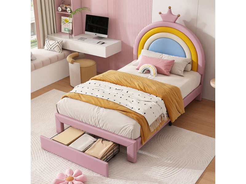  Lit enfant 90x200 cm avec tiroir au pied, lit rembourré avec tête arc-en-ciel couronne réglable sur 2 hauteurs, jusqu’à 150 kg, revêtement pu, rose OPULERANE TRADING LTD - Conforama D