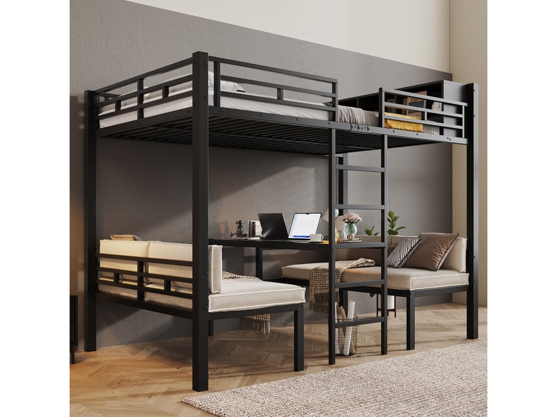  Lit superposé enfant 120x200 cm - avec échelle et compartiment de rangement - avec 2 sièges 60 x 120 cm - noir (matelas et coussin d’assise non inclus)  - Conforama B
