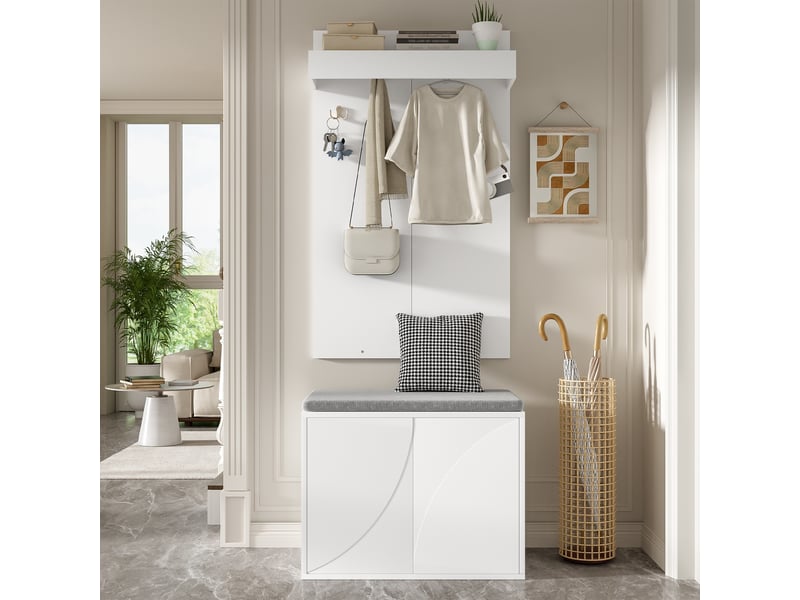  Vestiaire d'entrée 3 en 1 avec banc et meuble à chaussures, blanc, 60x35x145 cm  - Conforama E