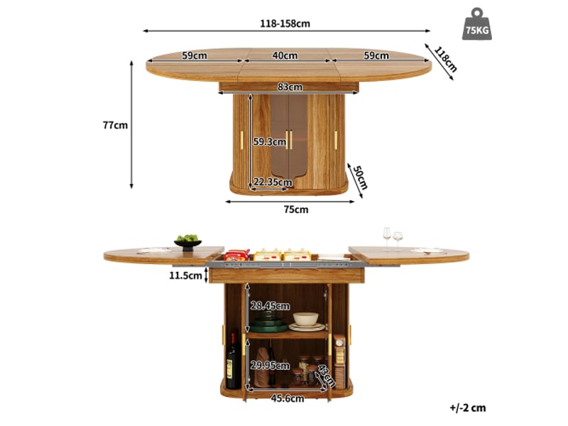  Table à manger extensible: ronde qui devient ovale, 118–158 cm, 6 pers, bois de noyer, portes en verre  - Conforama C