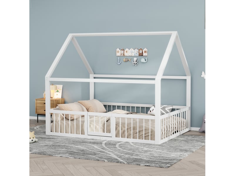  Lit enfant métal 140 x 200 cm robuste sécurisé gain de place design toit garde-corps métal blanc sans matelas  - Conforama D