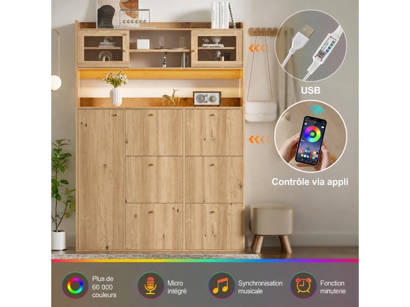  Meuble à chaussures étroit 130x25x180 cm, 6 abattants, 2 portes vitrées, led Fay Lum - Conforama E