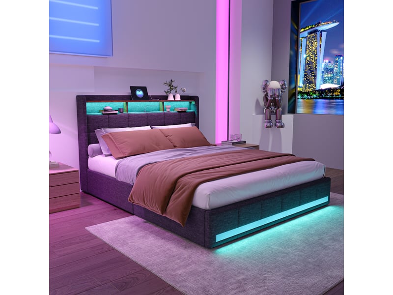  Lit double rembourré 140x190 cm avec éclairage led, lit 2 place avec 4 tiroirs et usb, sommier à lattes en bois  - Conforama W