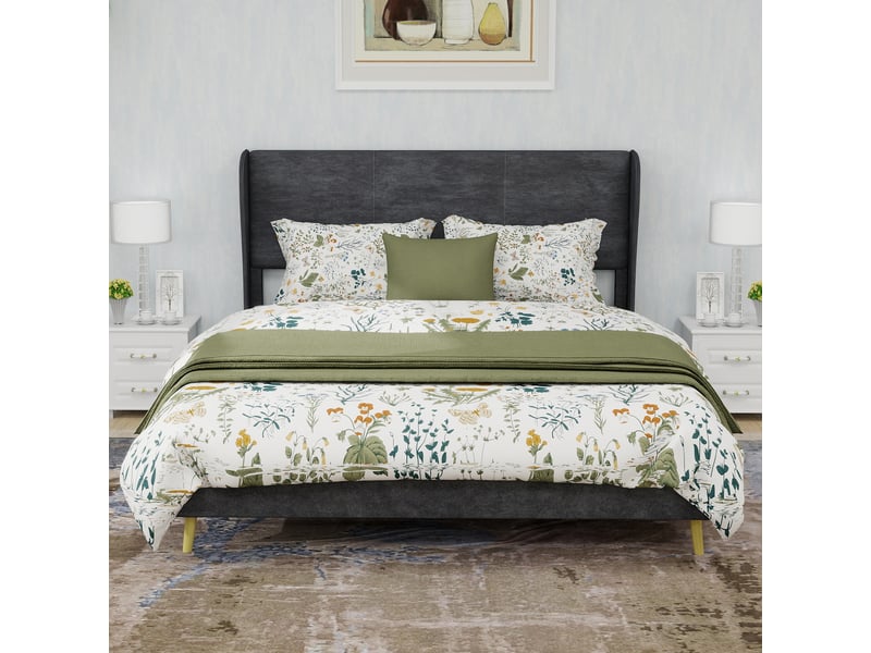 Lit adulte 140 x 200 cm, lit double, tête de lit et sommier, socle bas, velours gris, design moderne, sans matelas - Conforama B