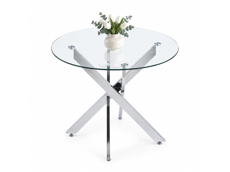 Table de salle à manger ronde avec plateau en verre, pieds croisés en métal et style moderne, argent - Conforama A