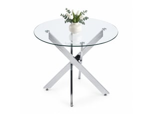 Table de salle à manger ronde avec plateau en verre, pieds croisés en métal et style moderne, argent