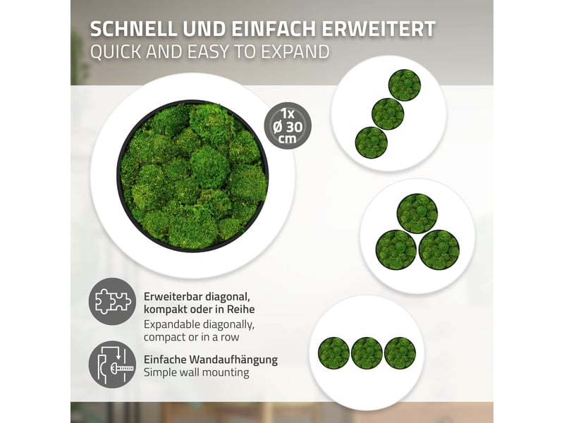  Ecd germany tableau en mousse boule stabilisée véritable, forme ronde ø 30 cm, vert, décoration murale végétale d'intérieur, cadre en mdf, sans arrosage ni entretien, effet 3d, pièce unique ECD Germany GmbH - Conforama D