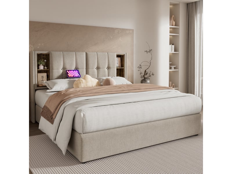  Lit coffre 180x200 avec sommier relevable, recharge sans fil, lin naturel  - Conforama B