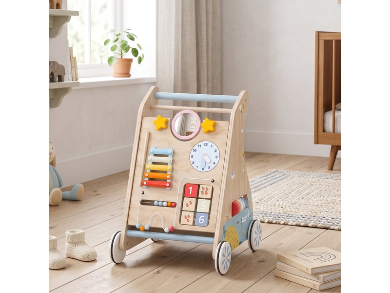 Chariot de marche en bois trotteur bébé avec tableau d'activités - Conforama B