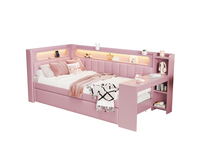  Lit gigogne 90x200 cm avec bureau, étagères, usb et led, rose  - Conforama A