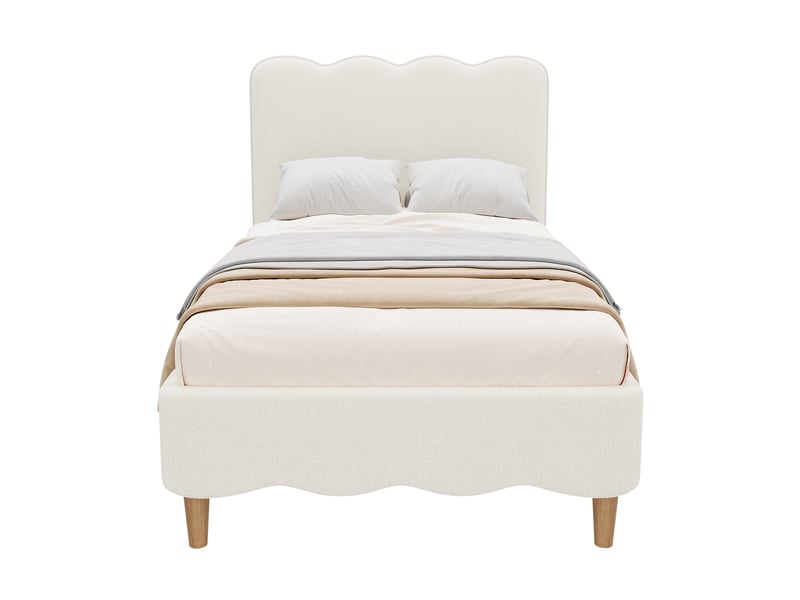  Lit simple enfant 90×200 cm avec tête de lit rembourrée - okmyhome- bouclé blanc, sans matelas, sommier inclus  - Conforama A