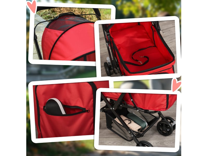 Poussette pour votre petit compagnon rouge pliable en polyester avec roues pivotantes et freins, pour petits compagnons - Conforama E