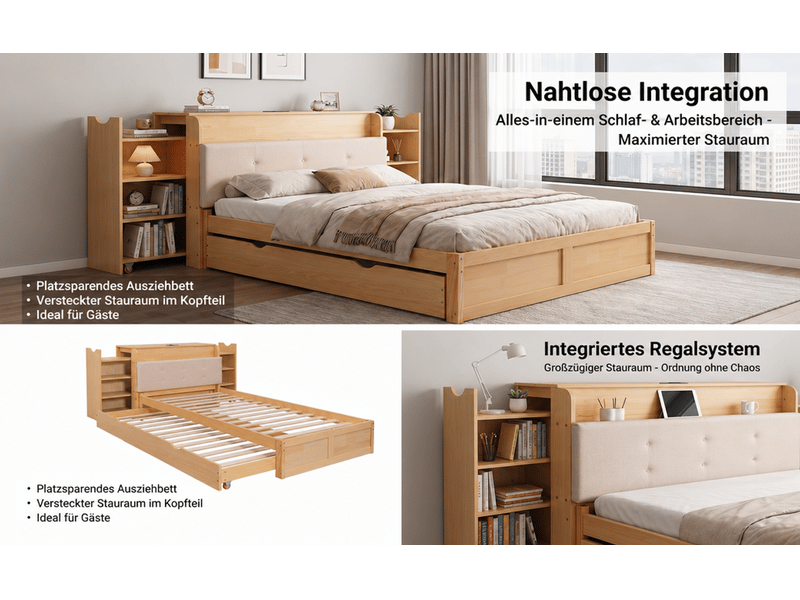  Lit gigogne enfant 90 x 200 cm lit simple convertible en lit double bois massif et mdf tête de lit bibliothèque roulettes intégrées lit multifonction enfant et invité  - Conforama E