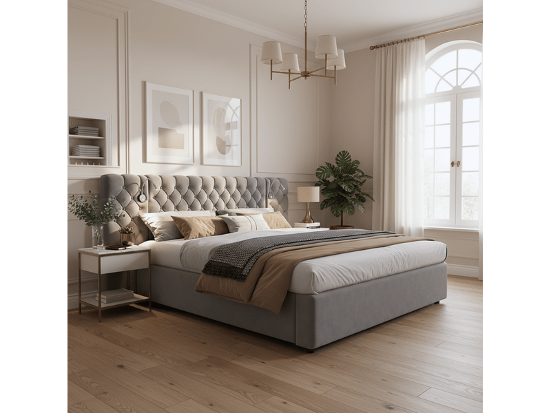  Lit coffre 160 x 200 cm gris en velours avec éclairage led et sommier à lattes  - Conforama D