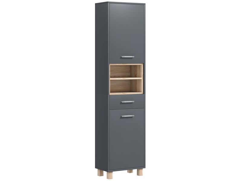  Colonne salle de bain, meuble salle de bain rangement avec 2 placards, gris, tiroir et 2 compartiments ouverts  - Conforama B