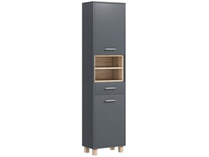 Colonne salle de bain, meuble salle de bain rangement avec 2 placards, gris, tiroir et 2 compartiments ouverts
