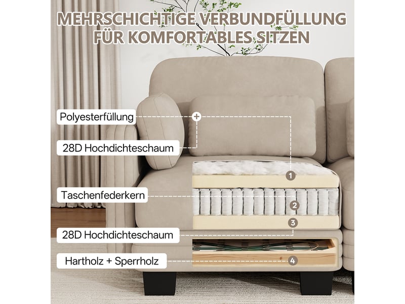 Canapé d'angle modulable - 3 places - forme l - 1 ottoman - coussins d'accoudoirs - assise profonde - tissu chenille - brun clair CozyNest - Conforama E
