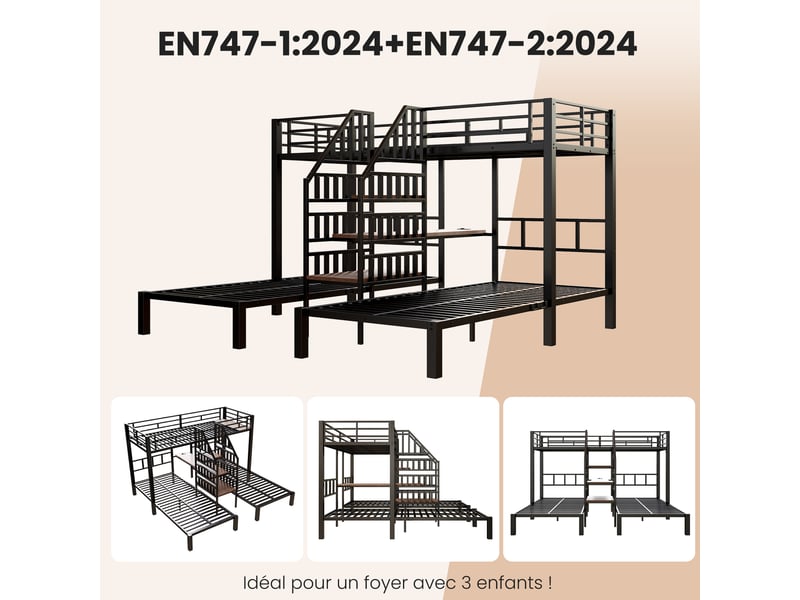 Lit mezzanine 90 x 200 cm, lit enfant surélevé, bureau intégré, étagères ouvertes, éclairage led, connectique usb, échelle, métal, noir Morn Vibe - Conforama E