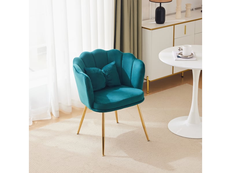  Fauteuil 58x63x77 cm, dossier à pétales, pieds en métal doré et coussins papillon, confortable, velours vert  - Conforama W