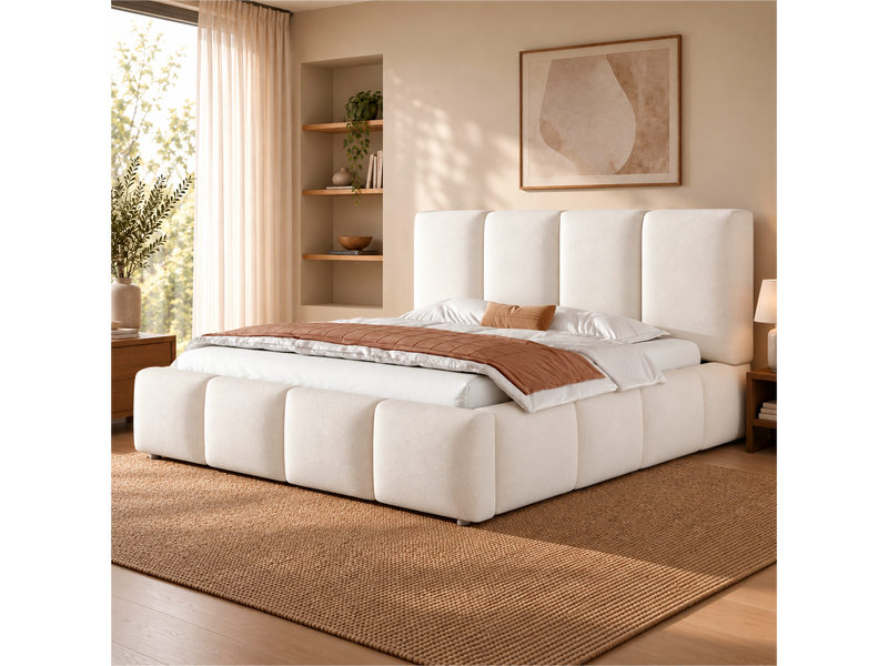  Lit coffre 160 x 200 cm avec rangement hydraulique et sommier à lattes, lit double rembourré en bouclé blanc avec tête de lit verticale  - Conforama C