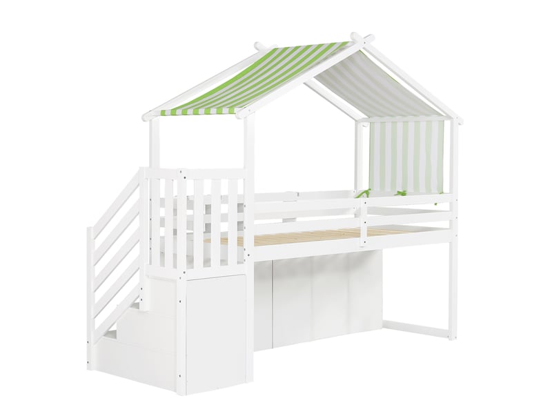  Lit mezzanine avec armoire et escalier rangement, blanc et vert  - Conforama W