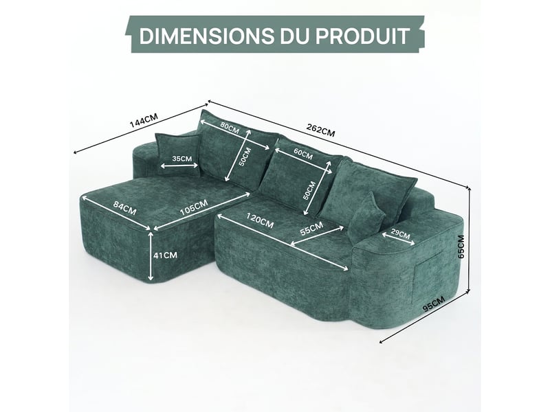 Canapé d'angle vert modulable chenille avec méridienne 262cm - assise profonde 4 places - Conforama C