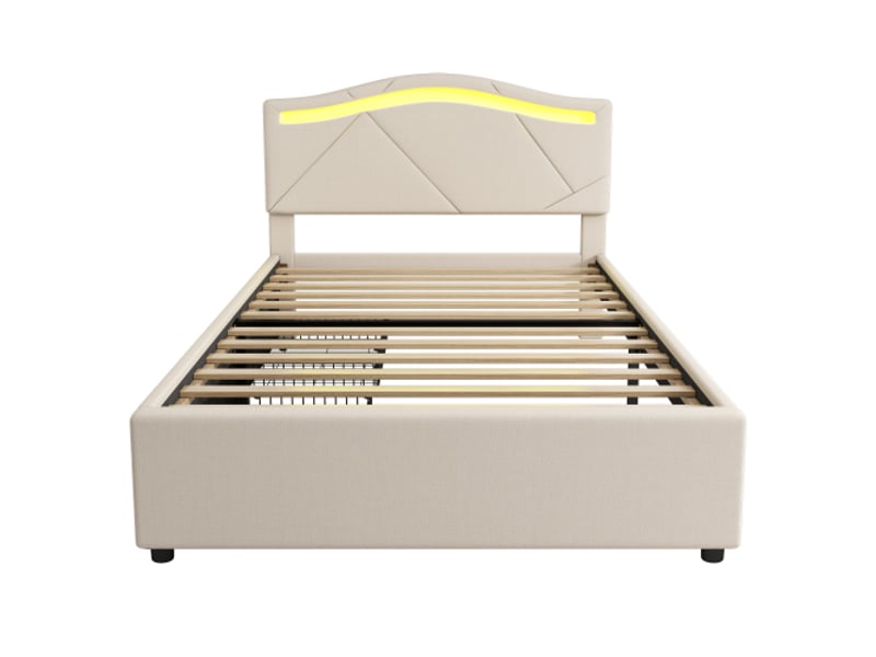 Lit capitonné 90x200 cm avec sommier à lattes, éclairage led, 2 tiroirs, tête de lit réglable - lin beige - Conforama E