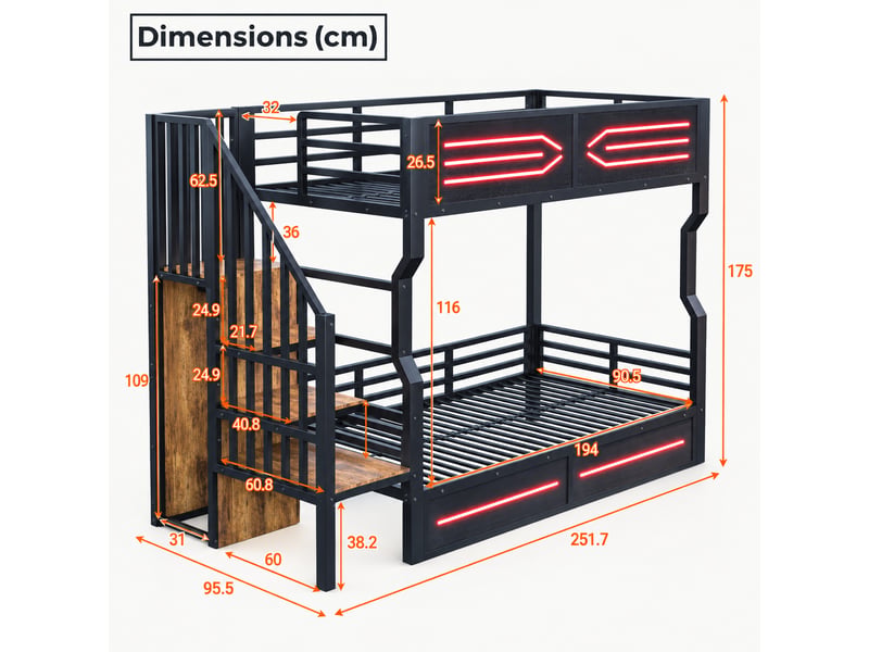  Lit mezzanine 90x200 cm en métal, avec escalier rangement, led et barrières hautes, noir  - Conforama C