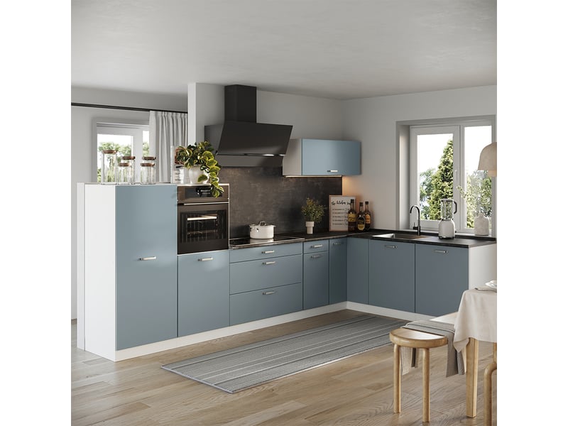  Vicco cuisine en angle, bleu-grisblanc, 347 x cm plan de travail chêne doré  - Conforama C
