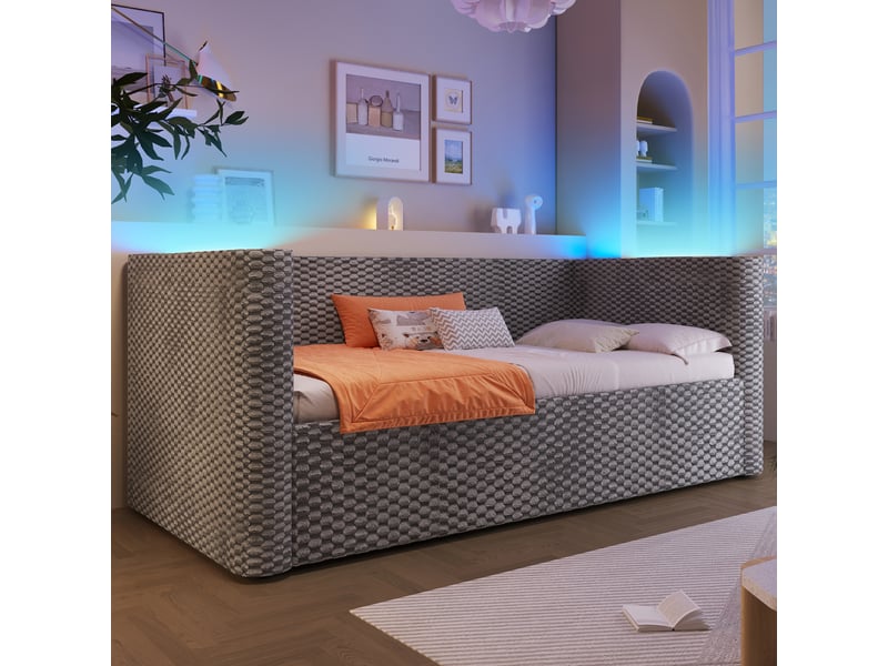  Lit de jour 90x200 canapé lit velours gris avec éclairage led et coffre hydraulique  - Conforama B