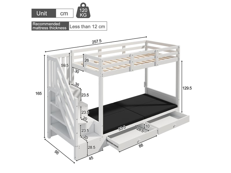  Modenvie lit mezzanine enfant 90x200 cm - canapé réglable, rangement intégré, sans matelas - blanc  - Conforama C