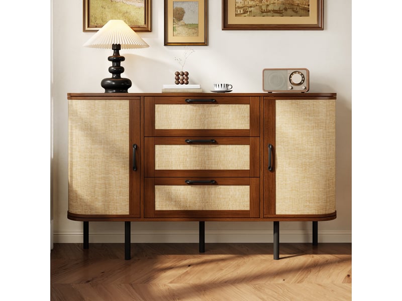  Commode 3 tiroirs et 2 portes battantes, 120 x40 x 82 cm, coins arrondis, avec façade tressée, étagères réglables en hauteur  - Conforama D
