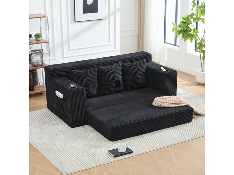  Canapé trois places avec porte-gobelets et poches latérales, design sans cadre, larges assises - noir  - Conforama B