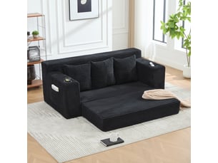 Canapé trois places avec porte-gobelets et poches latérales, design sans cadre, larges assises - noir
