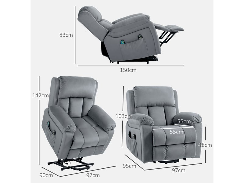  Fauteuil de salon, fauteuil releveur électrique massage, tissu polyester, 90x95x103cm, grey  - Conforama E