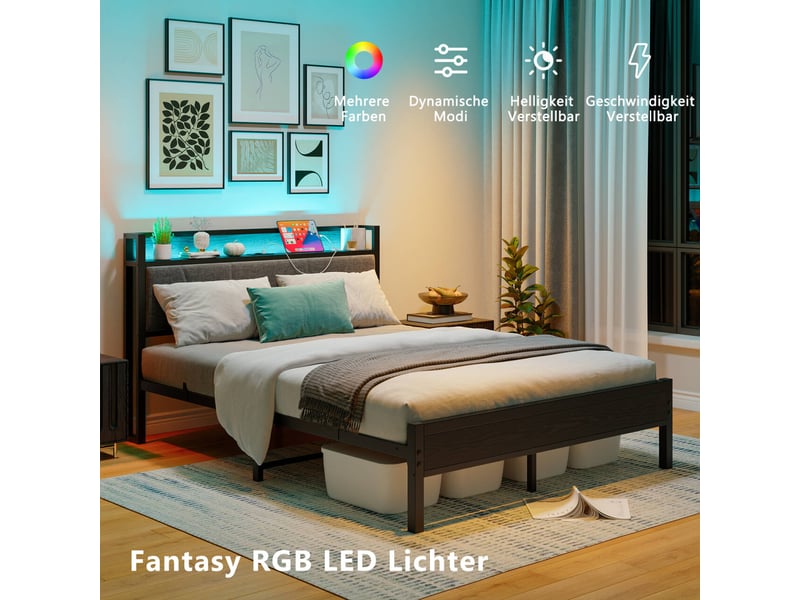  Lit double 140×200 cm avec led, usb et prise - okmyhome- tête de lit avec rangement, noir, sans matelas  - Conforama E
