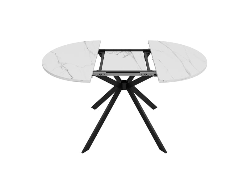  Table extensible pour 4 à 6 personnes avec rallonge, plateau rond ou ovale, pieds en métal, blanc pour salle à manger  - Conforama A