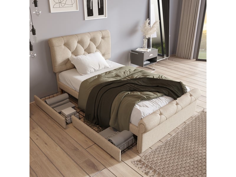  Lit coffre 90 x 200 cm, 2 tiroirs, tête réglable, naturel, sans matelas  - Conforama B