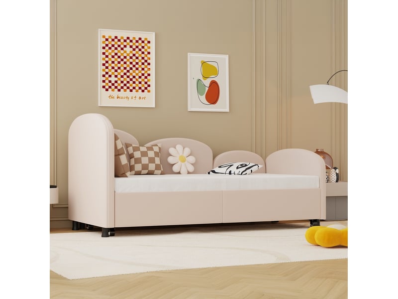  Lit simple enfant 90x200 cm – rose – lit gigogne en tissu velours avec couchage d'appoint, sans matelas  - Conforama B